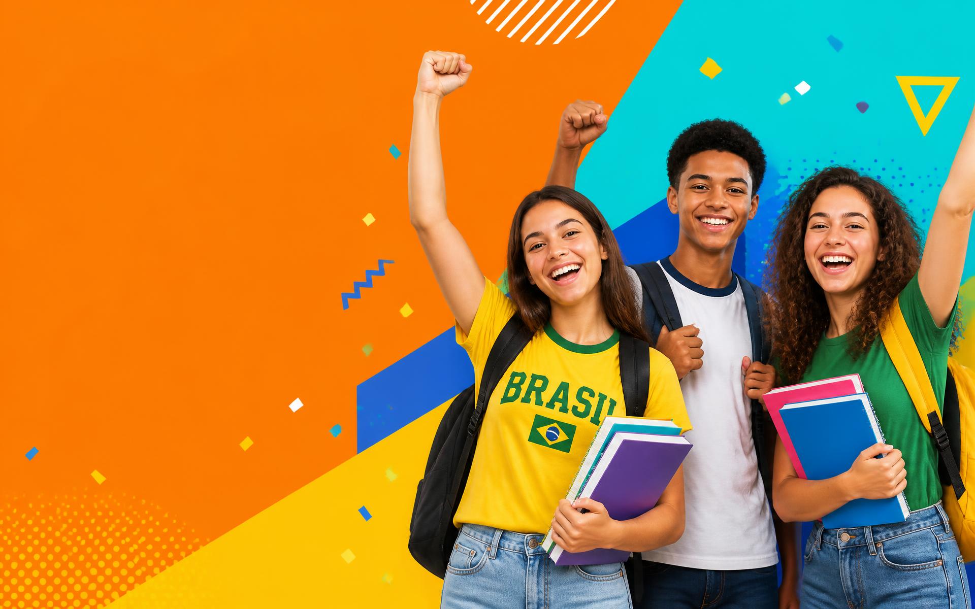 Estudantes comemorando com livros e mochilas